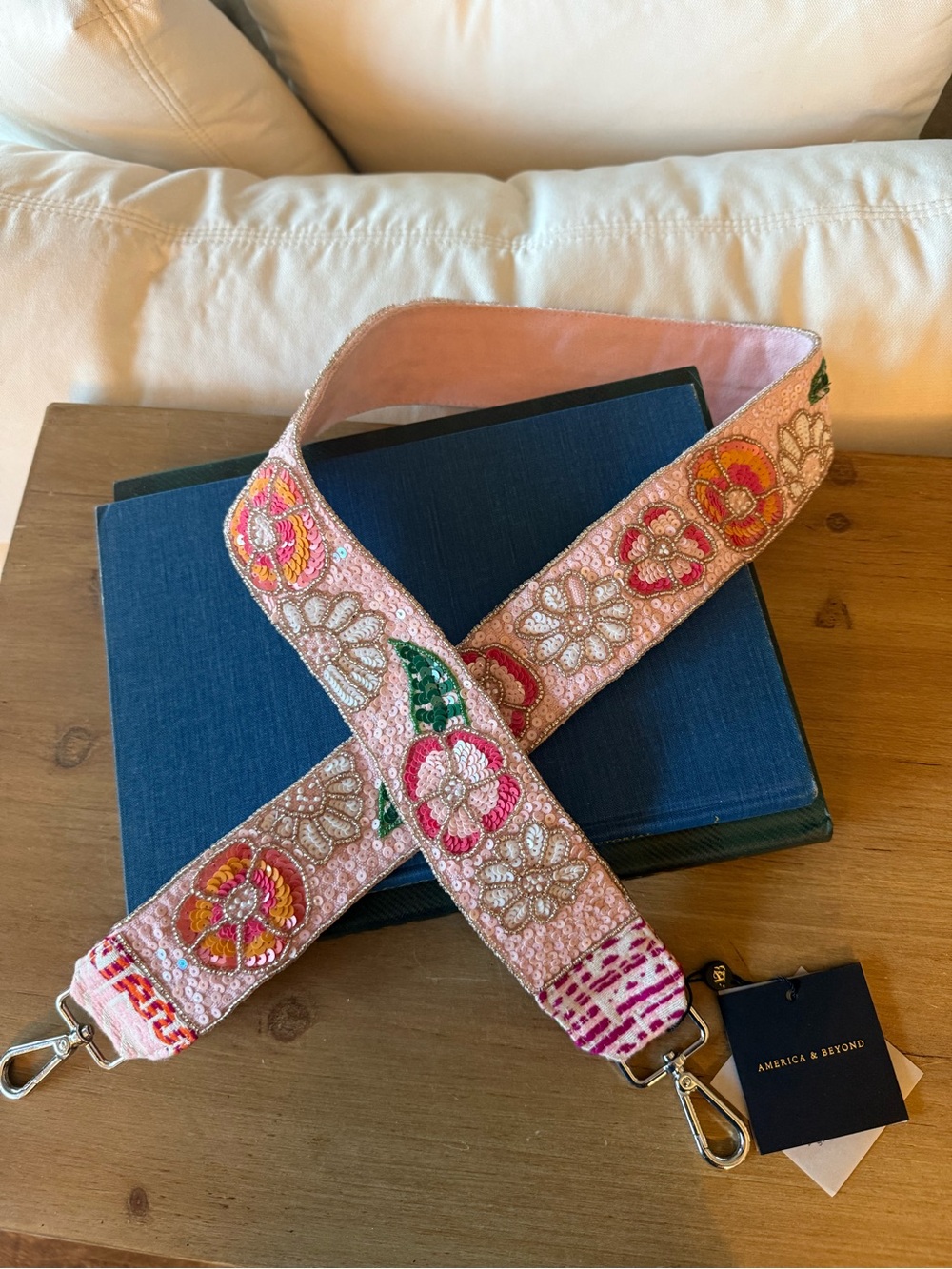America & Beyond Beaded Floral Crossbody Bag Strap Pink Sequin NWT